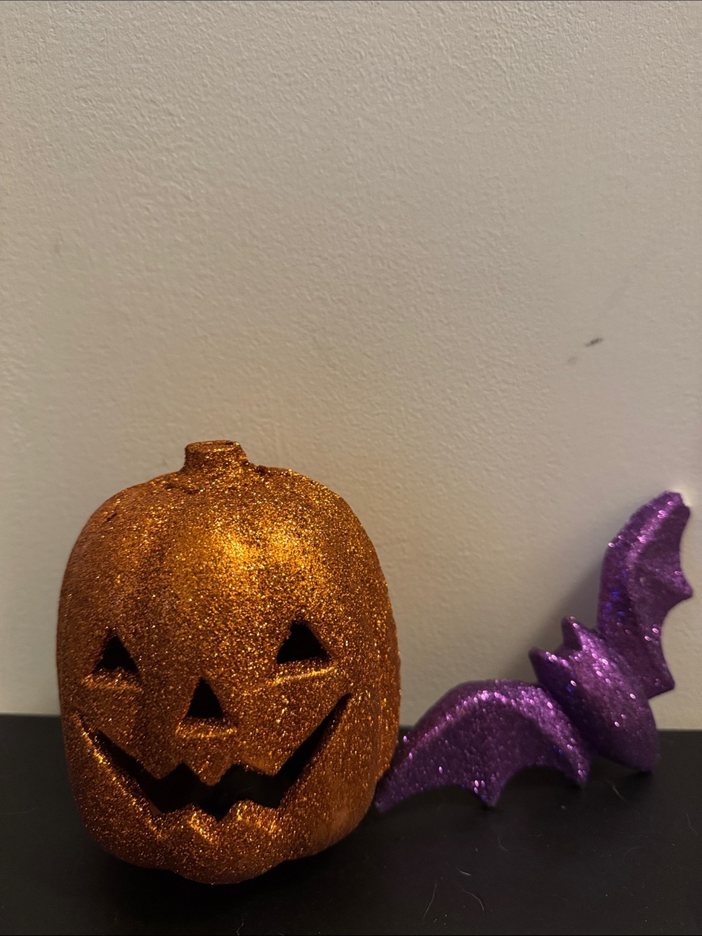Glitter Pumpkin & Bat Halloween Accent Set - Orange and Purple
